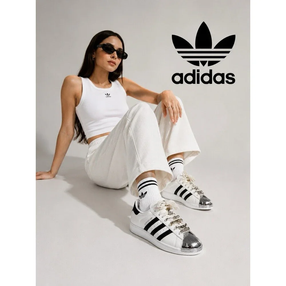 adidas Superstar Customized Women’s Sneakers White Black Metallic Silver Logo